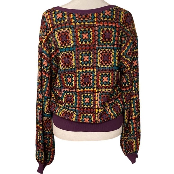 Farm Rio Granny Square Multicolor Boat Neck Geometric Knitted Crochet Sweater S - Picture 6 of 14